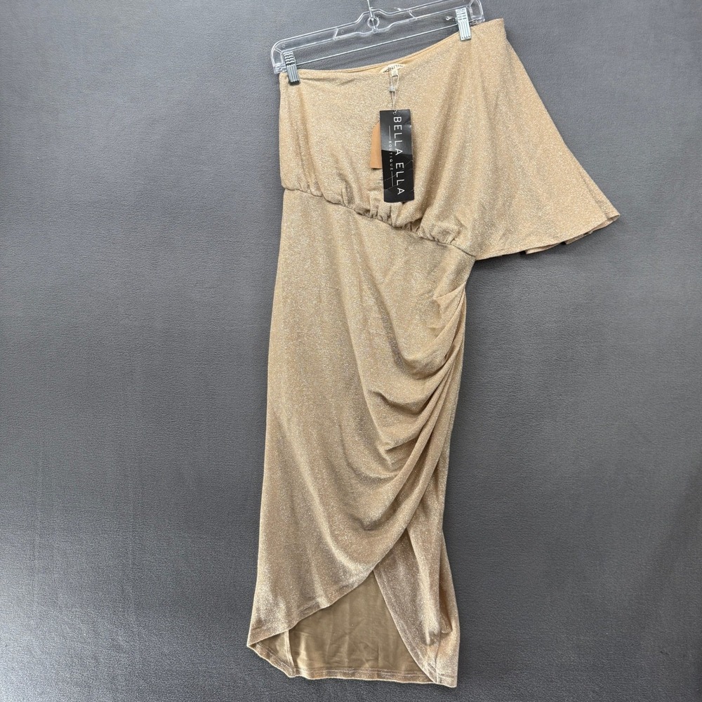 Mainstrip Stardust Soul Gold Liquid Metallic One Shoulder Midi Dress Medium NWT